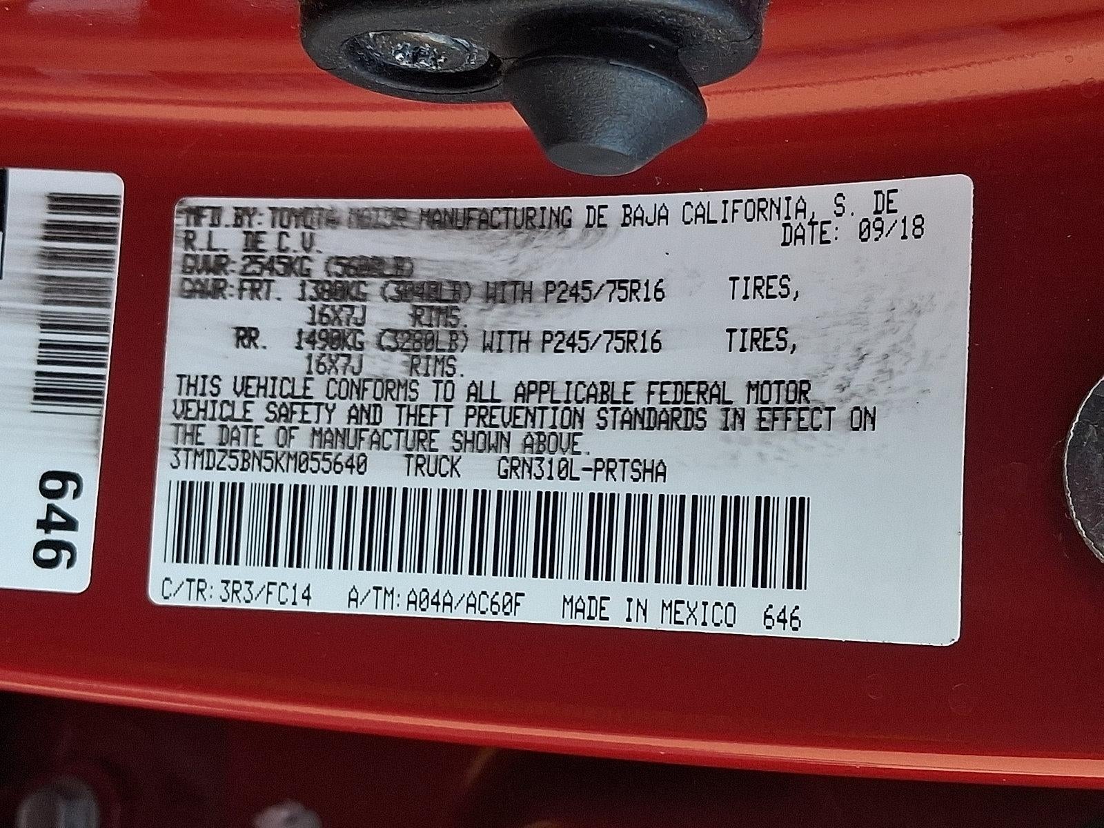 2019 Toyota Tacoma 4WD 4WD SR5 Double Cab 6' Bed V6 AT (Natl)